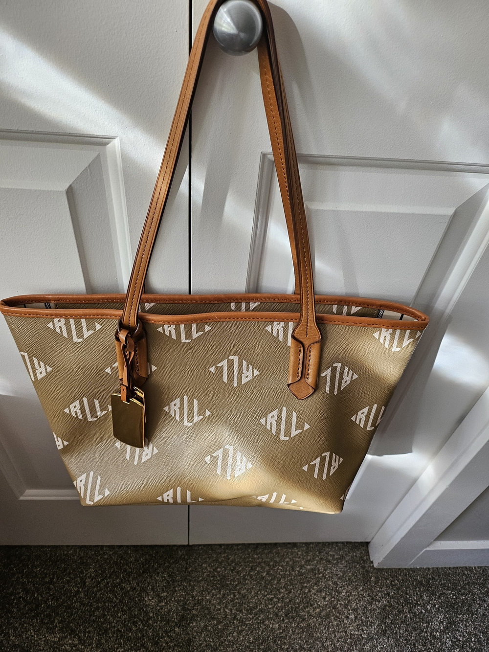 Ralph Lauren Khaki Tote with Tan Leather Trim